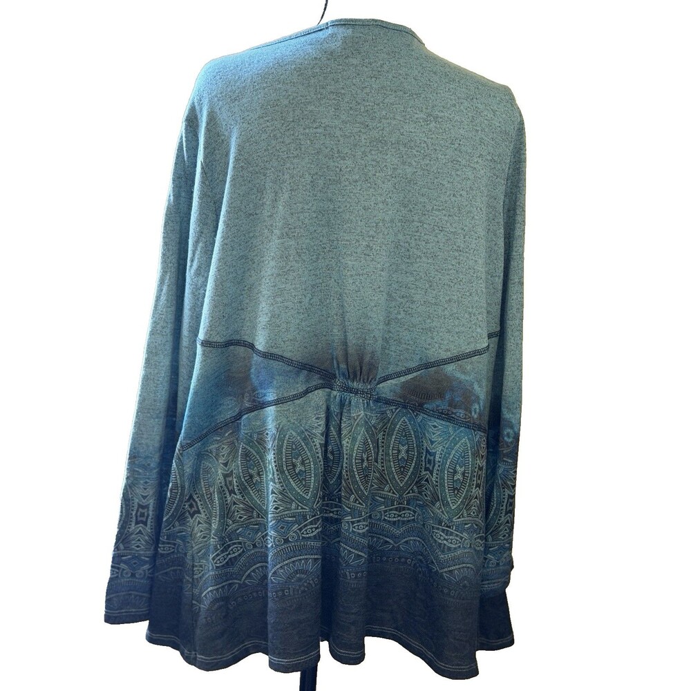 One World Women's 1X Teal Paisley Ombre Waterfall Cardigan Boho Open Front - Picture 2 of 8